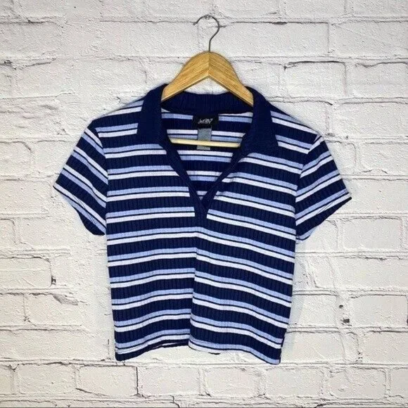 Just Polly NY Women’s Shirt Large Ribbed Blue Stripe Polo Crop Top Y2K 90’s NWOT - Picture 1 of 5
